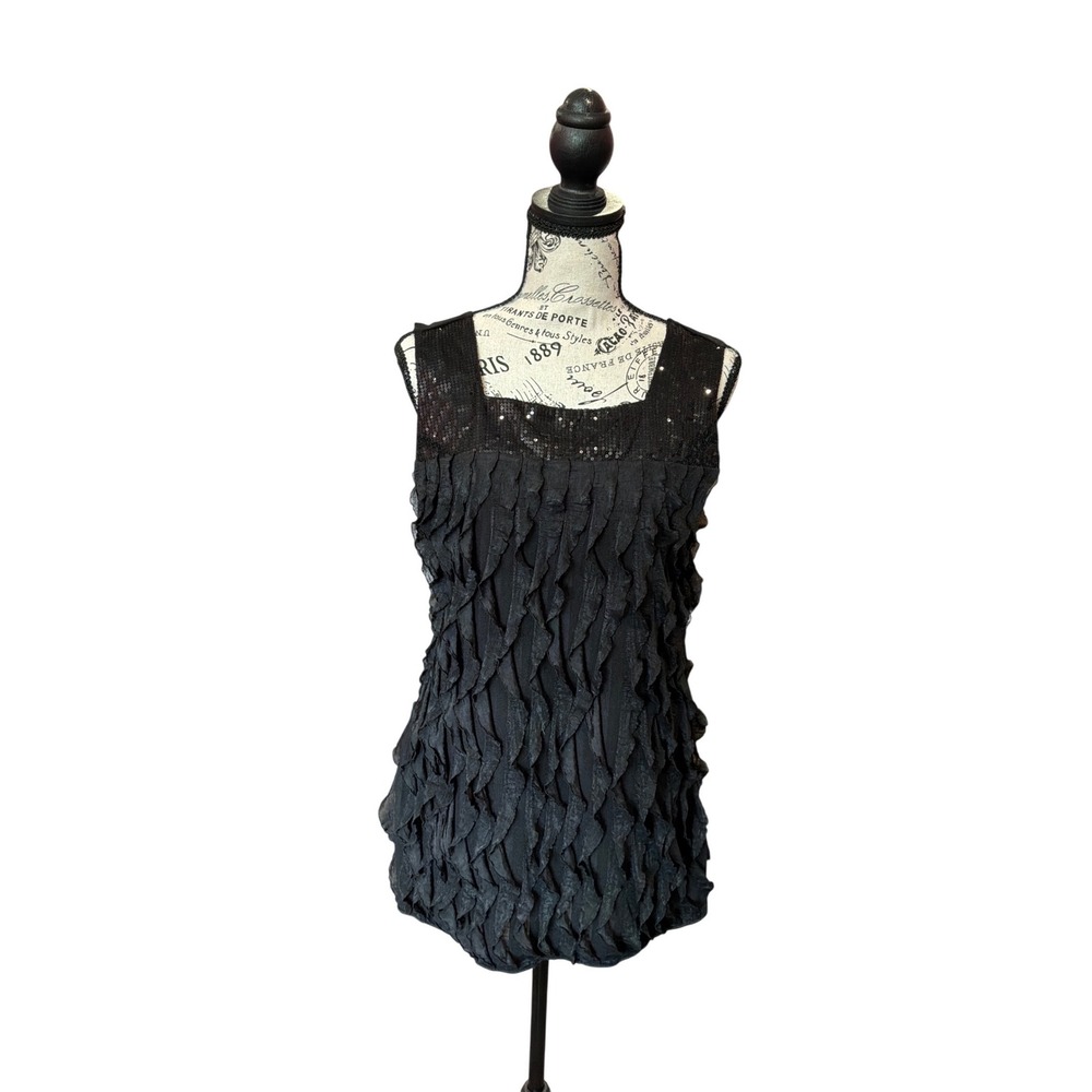 Cocomo Womens Black Ruffle Front Sequin Accent Sleeveless Blouse Top Size Medium